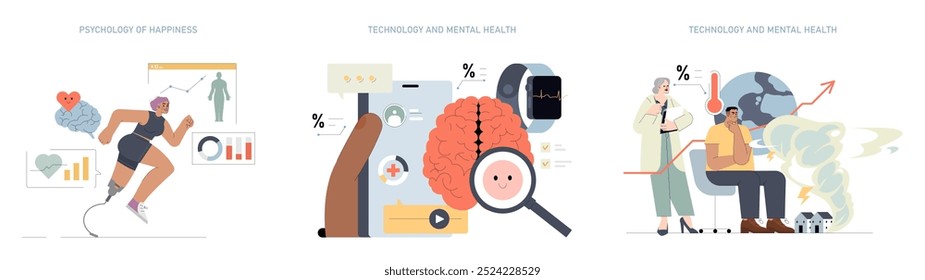 Mental Health and Technology set. Illustrating the interaction between happiness, tech, and mental well-being with stylized figures and brain imagery. Physical health link, tech advances, mood