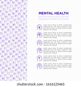 Mental health template with copy space and thin line icons: mental growth, negative thinking, emotional reasoning, logical plan, obsession, inner dialogue, balance, self identity. Vector illustration.