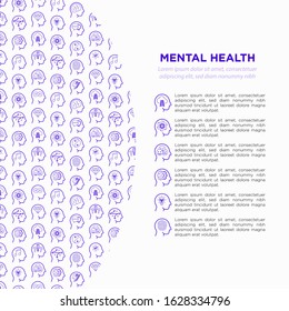 Mental health template with copy space and thin line icons: mental growth, negative thinking, emotional reasoning, logical plan, obsession, inner dialogue, balance, self identity. Vector illustration.