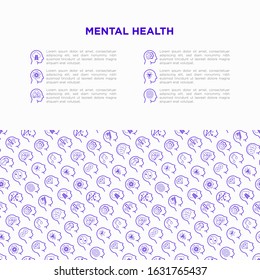 Mental health template with copy space and thin line icons: mental growth, negative thinking, emotional reasoning, logical plan, obsession, inner dialogue, balance, self identity. Vector illustration.