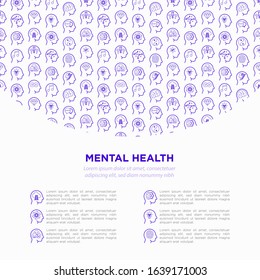 Mental health template with copy space and thin line icons: mental growth, negative thinking, emotional reasoning, logical plan, obsession, inner dialogue, balance, self identity. Vector illustration.