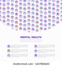 Mental health template with copy space and thin line icons: mental growth, negative thinking, emotional reasoning, logical plan, obsession, inner dialogue, balance, self identity. Vector illustration.