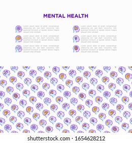 Mental health template with copy space and thin line icons: mental growth, negative thinking, emotional reasoning, logical plan, obsession, inner dialogue, balance, self identity. Vector illustration.