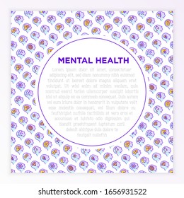 Mental health template with copy space and thin line icons: mental growth, negative thinking, emotional reasoning, logical plan, obsession, inner dialogue, balance, self identity. Vector illustration.