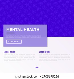 Mental health template with copy space and thin line icons: mental growth, negative thinking, emotional reasoning, logical plan, obsession, inner dialogue, self identity. Modern vector illustration.