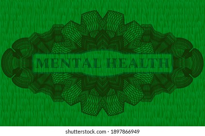 Mental Health text inside Currency green grass realistic emblem. Eco fashionable background. Artistic illustration. 