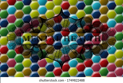 Texto de Salud Mental dentro de la moneda Lineal Emblema multicolor de caramelo colorido.Fondo clásico de hexágono. Ilustración. 