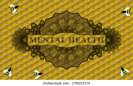 Mental Health text inside Linear sweet honey bees badge. beekeeping fancy background. Vector illustration. 