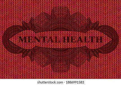 Mental Health text inside Linear Red woolen fabric emblem. Cloth luxurious background. Intense illustration. 