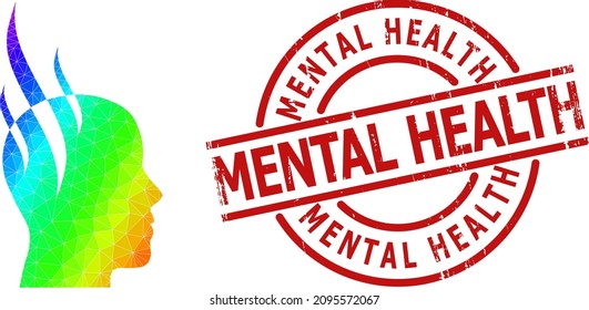 Mental Health textured stamp seal and lowpoly rainbow colored brain steam icon with gradient. Red seal includes MENTAL HEALTH caption inside circle and lines template.