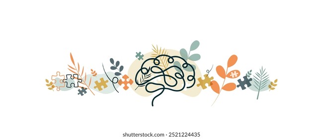 Ilustração do tema Saúde Mental. Cérebro com elementos florais.