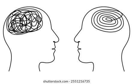 Mental health therapy concept. Two heads with chaos and order thoughts continuous line art drawn. Vector illustration isolated on white.