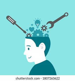 Mental health therapy concept vector illustration. Silhouette of human head with gear wheel, heart, light bulb inside. Psychologist..