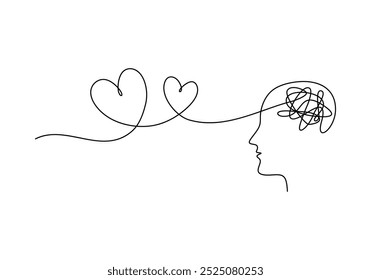 Dibujo continuo de una línea de la terapia de salud mental. Concepto de psicología. Conexión de la cabeza de la confusión con dos corazones. Amor y preocupación por el trastorno mental y el dolor. Ilustración vectorial minimalista.