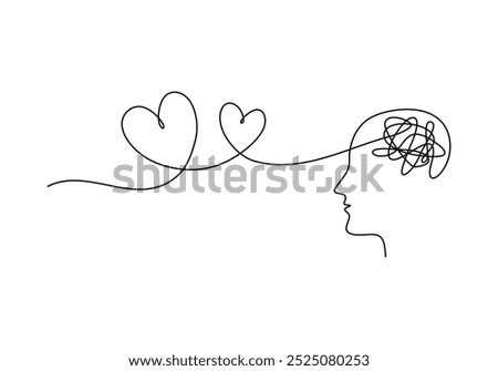 Mental health therapy continuous one line drawing. Psychology concept. Confusion head connection with two heart. Love and caring about mental disorder and grief. Vector illustration minimalist.