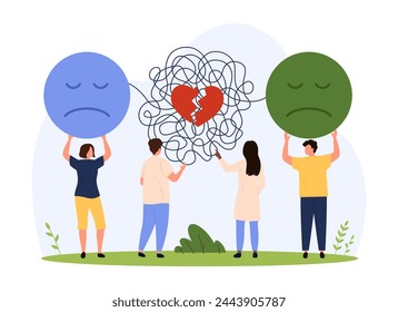 Terapia de salud mental, divorcio, conflicto y separación en el apoyo a la relación por parte del psicólogo. Gente pequeña sosteniendo emoji triste e hilo enredado con el corazón roto rojo ilustración vectorial de dibujos animados