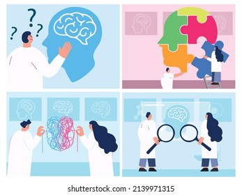 Mental Health Therapy. Emotional State Vector Illustration Set, Mental Health And Medical Therapies Prevention Mental Problem.