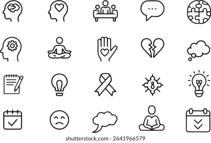 Mental Health And Therapy Line Icons Set. Counseling, Mindfulness, Support, Wellness. Editable Stroke. Vector Illustration