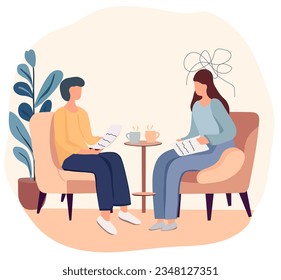 noción de terapia de salud mental. Paciente mujer en un ambiente psicólogo. Discutiendo con un psiquiatra sentado. Abordar el estrés, las dependencias y los problemas psicológicos. Vector.