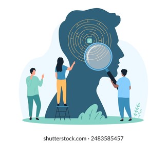 Mental health therapy and psychology, way to understand conceptual problem, wellness and balance. Tiny people with magnifying glass research circle maze inside human head cartoon vector illustration