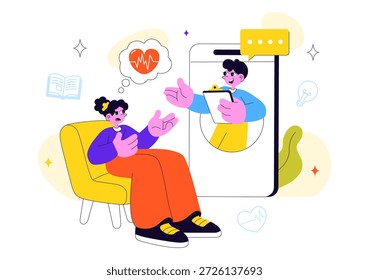 Psychische Gesundheitstherapie Sitzung Vektorgrafik zeigt unterstützende Beratung, emotionale Heilung und professionelle psychologische Betreuung im Hintergrund