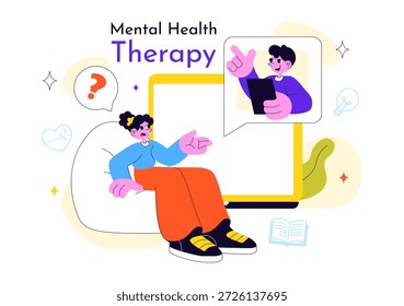 Psychische Gesundheitstherapie Sitzung Vektorgrafik zeigt unterstützende Beratung, emotionale Heilung und professionelle psychologische Betreuung im Hintergrund
