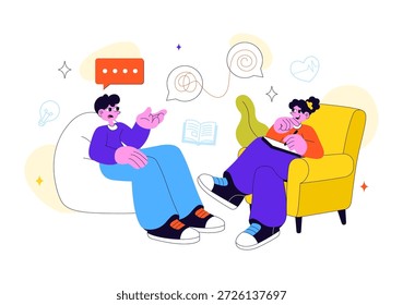 Psychische Gesundheitstherapie Sitzung Vektorgrafik zeigt unterstützende Beratung, emotionale Heilung und professionelle psychologische Betreuung im Hintergrund