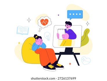 Psychische Gesundheitstherapie Sitzung Vektorgrafik zeigt unterstützende Beratung, emotionale Heilung und professionelle psychologische Betreuung im Hintergrund