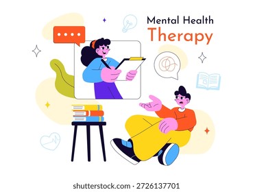Psychische Gesundheitstherapie Sitzung Vektorgrafik zeigt unterstützende Beratung, emotionale Heilung und professionelle psychologische Betreuung im Hintergrund