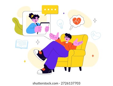 Psychische Gesundheitstherapie Sitzung Vektorgrafik zeigt unterstützende Beratung, emotionale Heilung und professionelle psychologische Betreuung im Hintergrund