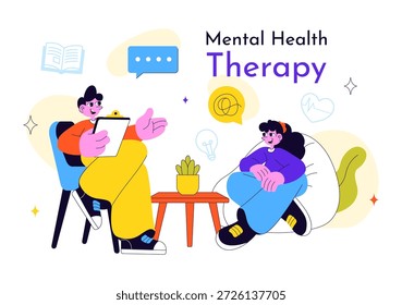 Psychische Gesundheitstherapie Sitzung Vektorgrafik zeigt unterstützende Beratung, emotionale Heilung und professionelle psychologische Betreuung im Hintergrund