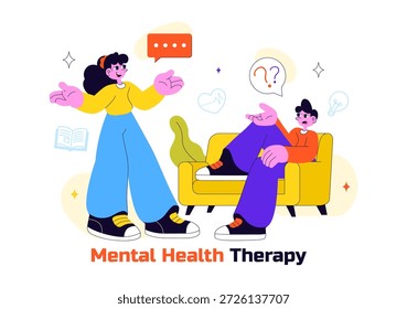 Psychische Gesundheitstherapie Sitzung Vektorgrafik zeigt unterstützende Beratung, emotionale Heilung und professionelle psychologische Betreuung im Hintergrund