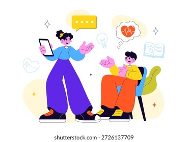 Psychische Gesundheitstherapie Sitzung Vektorgrafik zeigt unterstützende Beratung, emotionale Heilung und professionelle psychologische Betreuung im Hintergrund
