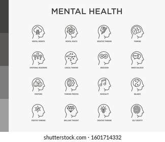 Mental Health Thin Line Icons Set: Mental Growth, Negative Thinking, Emotional Reasoning, Logical Plan, Obsession, Inner Dialogue, Balance, Brilliant Thought, Self Identity. Modern Vector Illustration