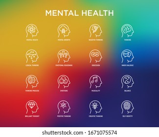 Mental health thin line icons set: mental growth, negative thinking, emotional reasoning, logical plan, obsession, inner dialogue, balance, brilliant thought, self identity. Modern vector illustration