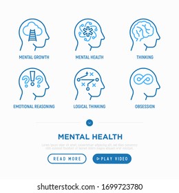 Mental Health Thin Line Icons Set: Mental Growth, Negative Thinking, Emotional Reasoning, Logical Plan, Obsession. Modern Vector Illustration.