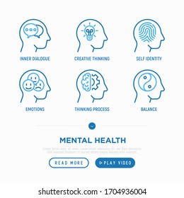 Mental health thin line icons set: inner dialogue, creative thinking, self identity, emotions, thinking process, balance. Modern vector illustration.