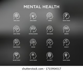 Mental health thin line icons set: mental growth, negative thinking, emotional reasoning, logical plan, obsession, inner dialogue, balance, brilliant thought, self identity. Modern vector illustration