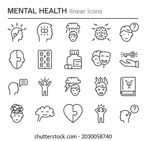 Mental Health Thin Line Icons Set. Psychology Concept. Mono Line Vector Pictograms. Editable Stroke.