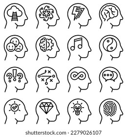 Juego de iconos de línea delgada de salud mental: crecimiento mental, pensamiento negativo, razonamiento emocional, plan lógico, obsesión, diálogo interno, equilibrio, pensamiento brillante, autoidentidad. Ilustración vectorial moderna