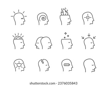 Mental health thin line outline colored icon set. Psychology concept. Psychological and psychiatric problems of personality. Person with different positive, negative state. Vector pictograms. 