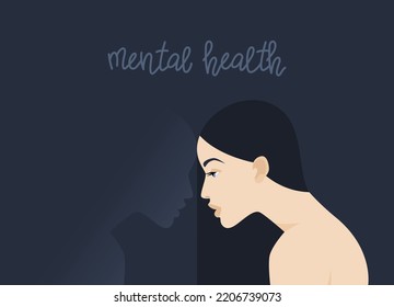 Mental health. Thoughtful woman. Psychology of Personality. Harmony with yourself. Vector flat illustration.