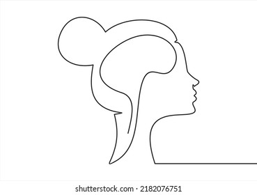 Mental Health - Thoughts Concept, One Line Abstract Drawing Of A Female Head Silhouette Vector Illustration