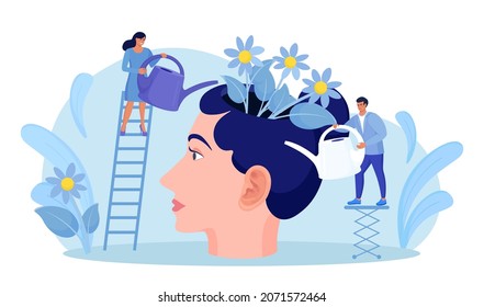 Mental health. Tiny people watering human head with flowers inside. Characters healing mind, soul for happy lifestyle. Psychology. Positive thinking, self care. Wellbeing, acceptance, blooming brain