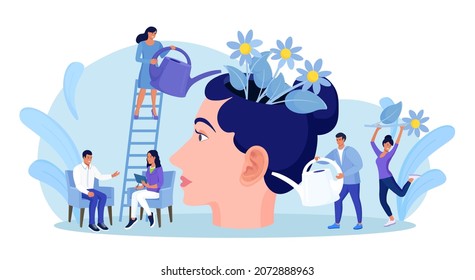 Mental Health. Tiny People Watering Human Head With Flowers Inside. Characters Healing Mind, Soul For Happy Lifestyle. Psychology. Positive Thinking, Self Care. Wellbeing, Acceptance, Blooming Brain