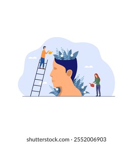 Mental health tiny people watering human head vector