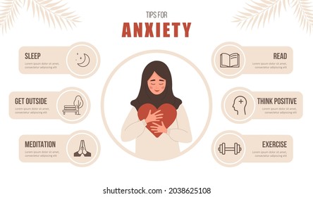 Mental health. Tips for anxiety. Happy muslim woman love herself. Psychology help. Self care concept. Vector illustration in flat cartoon style.