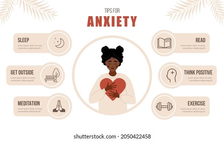 Mental health. Tips for anxiety. Happy african woman love herself. Psychology help. Self care concept. Vector illustration in flat cartoon style.