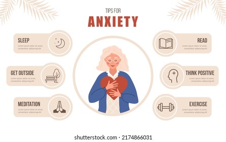 Mental health. Tips for anxiety. Happy elderly woman love herself. Psychology help. Self care concept. Vector illustration in flat cartoon style.