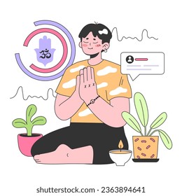 Mental health tracker. Character using electronic gadget to monitor and control stress level and anxiety. Character meditationg to relaxing tibetan zen music. Flat vector illustration